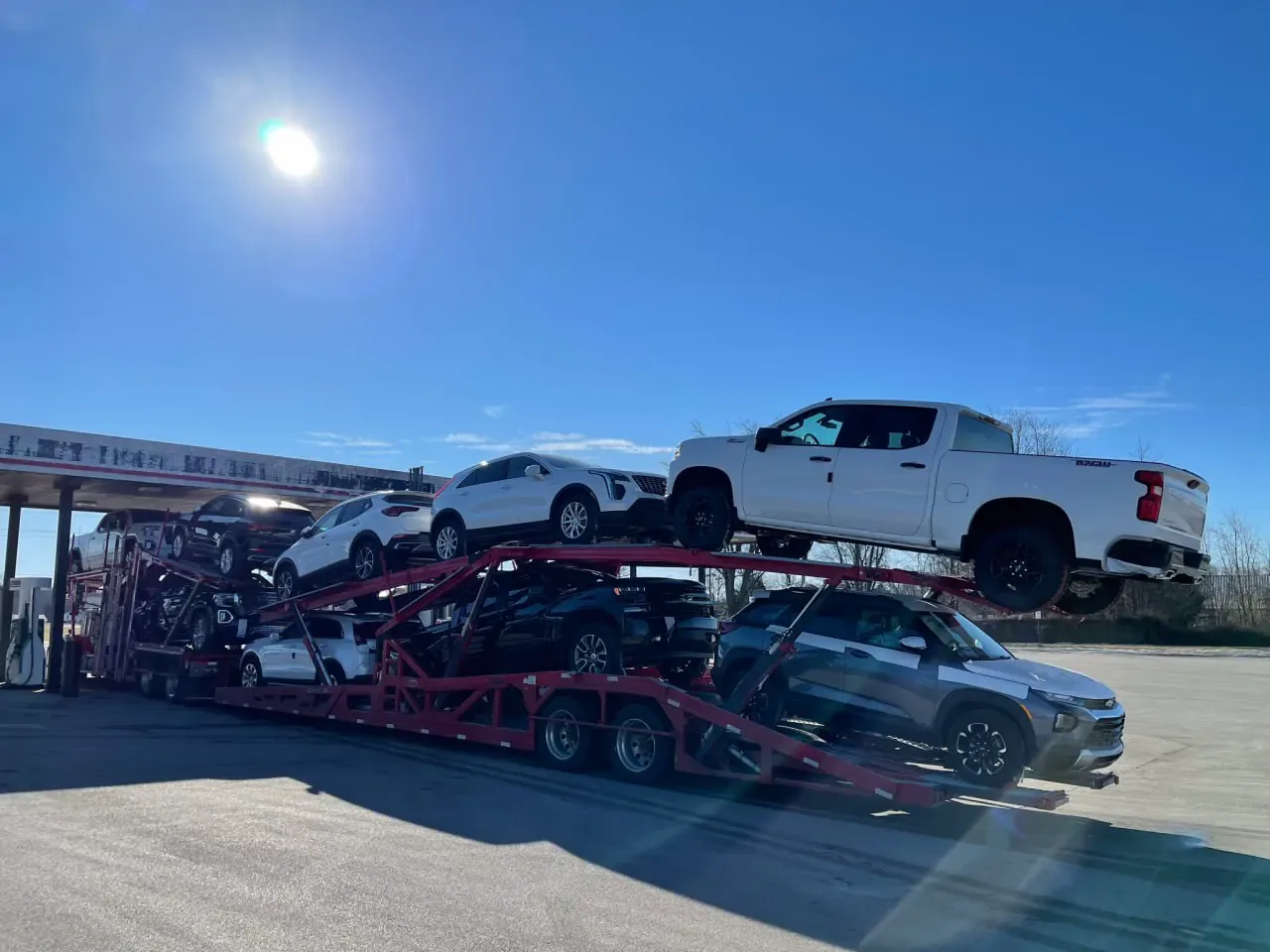 A car carrier loaded and ready to leave